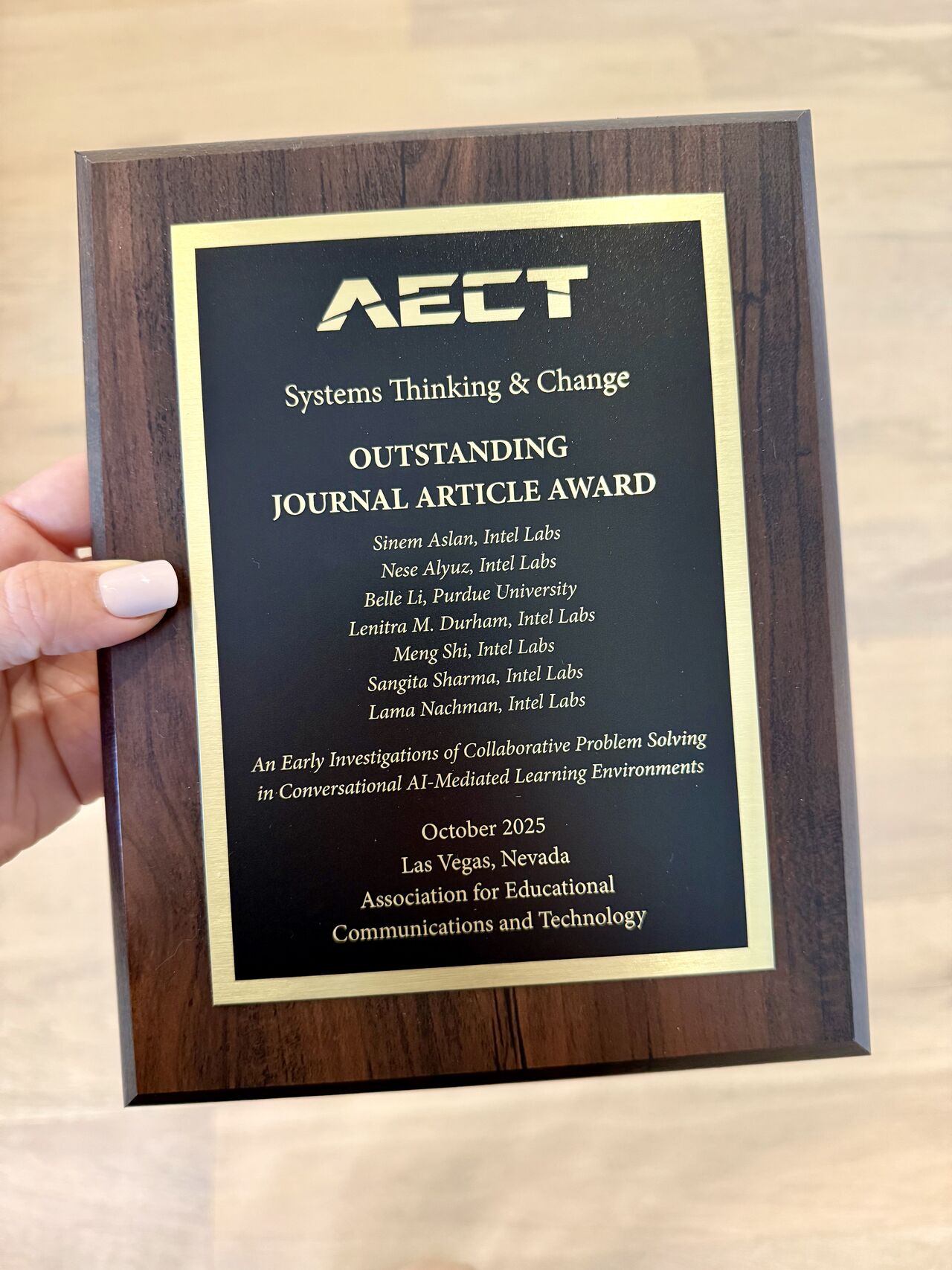 AECT Systems Thinking and Change Outstanding Journal Article Award plaque for the collaborative problem solving paper